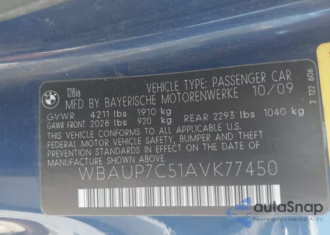 2010 BMW 128I from USA, damaged, VIN WBAUP7C51AVK77450